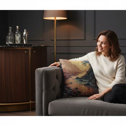 Sunset Cove woven pillow | coastal landscape tapestry throw pillow