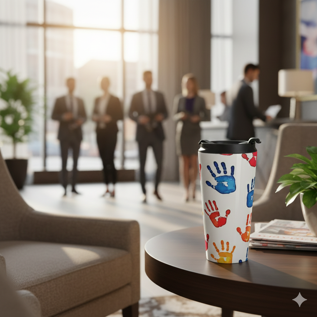 Colorful Handprint Stainless Steel Travel Mug — Kids Art Pattern, Spill‑Resistant Coffee Tumbler