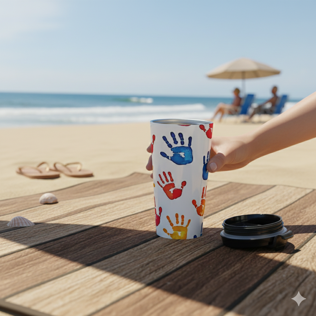 Colorful Handprint Stainless Steel Travel Mug — Kids Art Pattern, Spill‑Resistant Coffee Tumbler