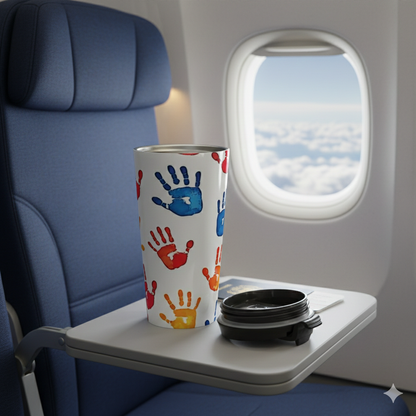 Colorful Handprint Stainless Steel Travel Mug — Kids Art Pattern, Spill‑Resistant Coffee Tumbler