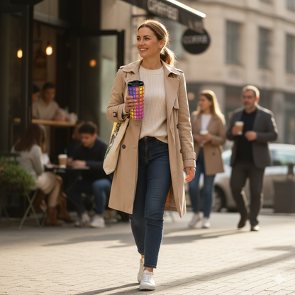 Colorburst Geometric Stainless Steel Travel Mug — Insulated Rainbow Pattern
