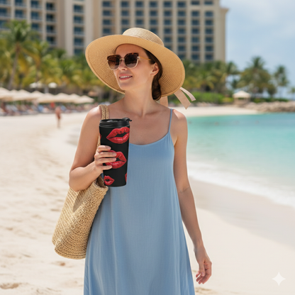 Red Lipstick Kiss Pattern Travel Mug | Black Stainless Steel