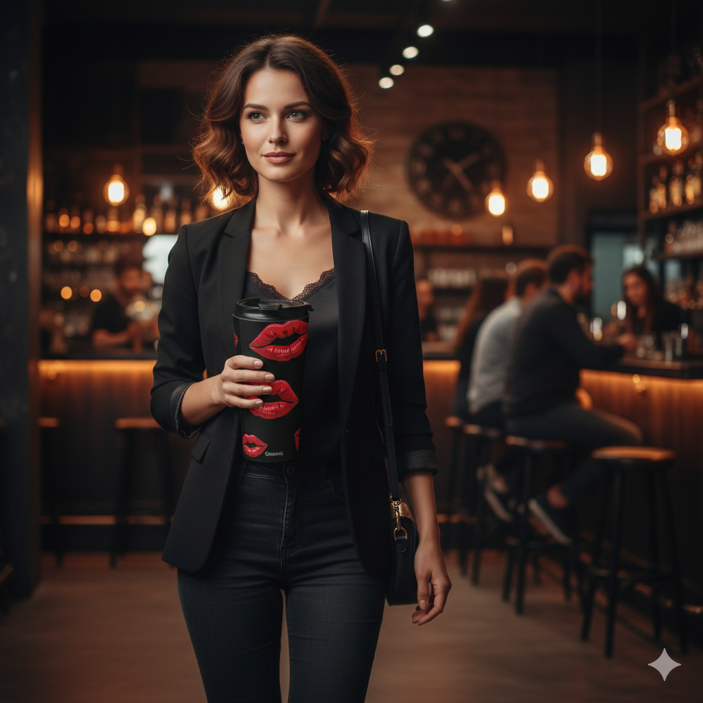 Red Lipstick Kiss Pattern Travel Mug | Black Stainless Steel