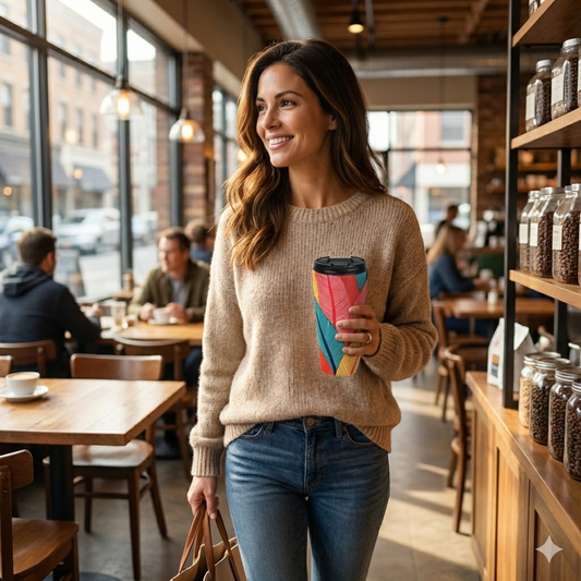 Tropical Feather Stainless Steel Travel Mug — Colorful Leaf Pattern, Insulated Coffee Tumbler