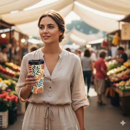 Colorful Floral Pattern Stainless Steel Travel Mug | Blue Orange Botanicals