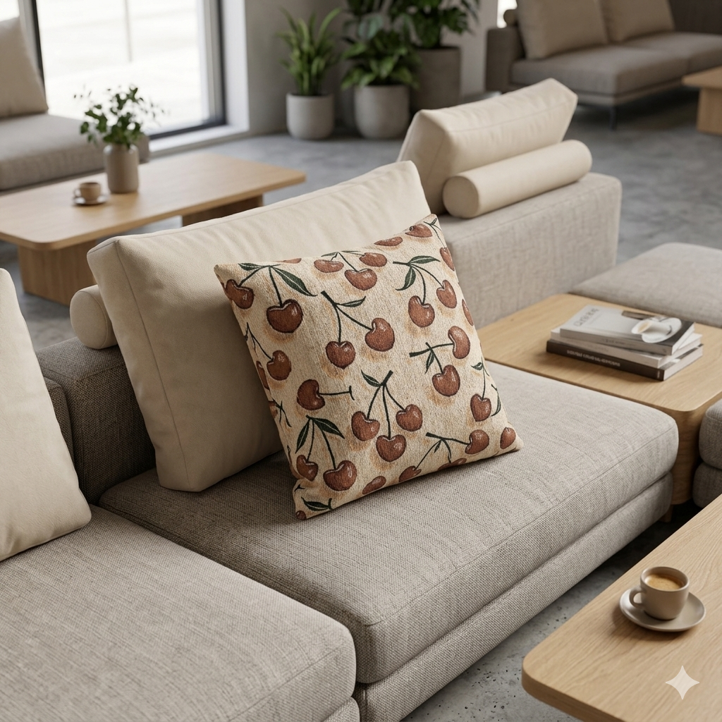 Cherry Pattern Woven Pillow — Rustic Farmhouse Decorative Throw Cushion