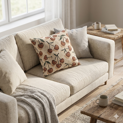 Cherry Pattern Woven Pillow — Rustic Farmhouse Decorative Throw Cushion