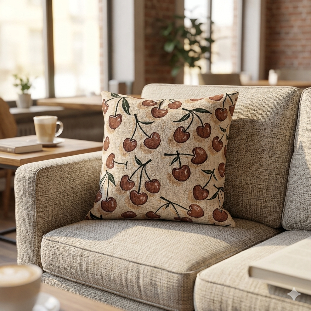 Cherry Pattern Woven Pillow — Rustic Farmhouse Decorative Throw Cushion