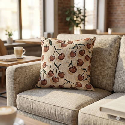 Cherry Pattern Woven Pillow — Rustic Farmhouse Decorative Throw Cushion