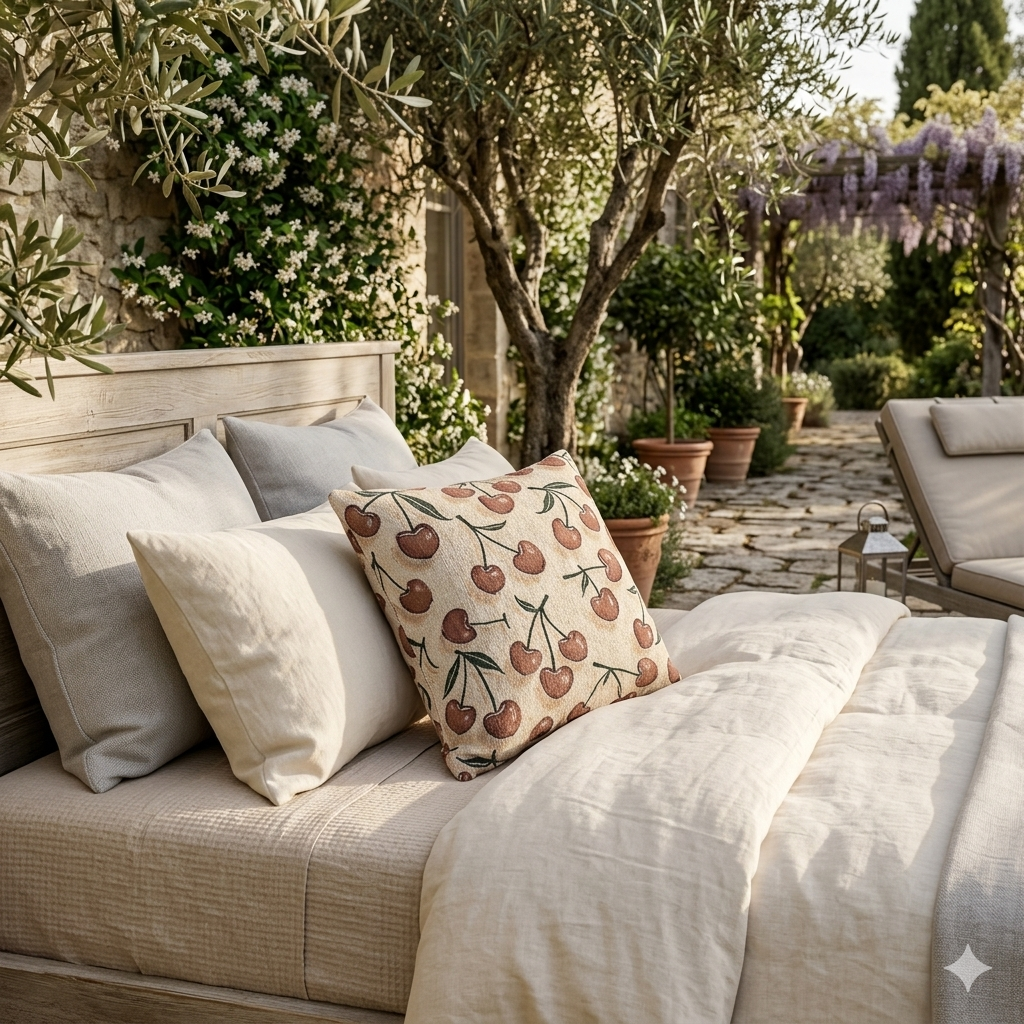 Cherry Pattern Woven Pillow — Rustic Farmhouse Decorative Throw Cushion