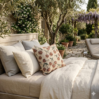 Cherry Pattern Woven Pillow — Rustic Farmhouse Decorative Throw Cushion