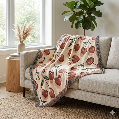 Cherry Pattern Woven Blanket — Retro Fruit Throw for Living Room & Bedroom