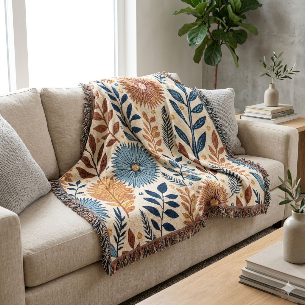 Floral Woven Blanket — Reversible Boho Throw for Living Room & Bedroom