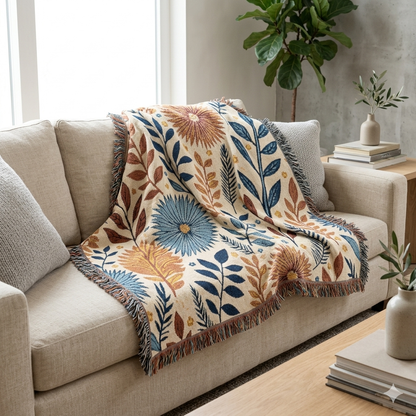 Floral Woven Blanket — Reversible Boho Throw for Living Room & Bedroom