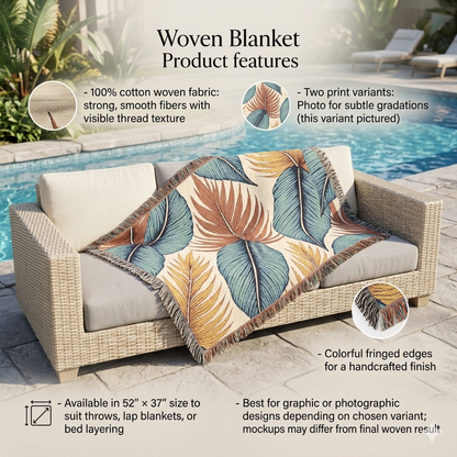 Tropical Leaf Woven Blanket — Boho Coastal Throw for Living Room & Patio