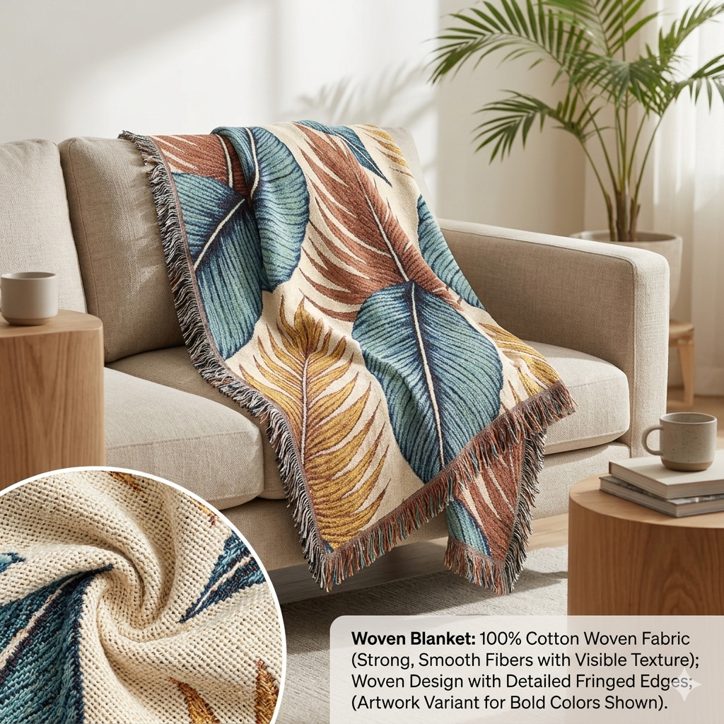Tropical Leaf Woven Blanket — Boho Coastal Throw for Living Room & Patio