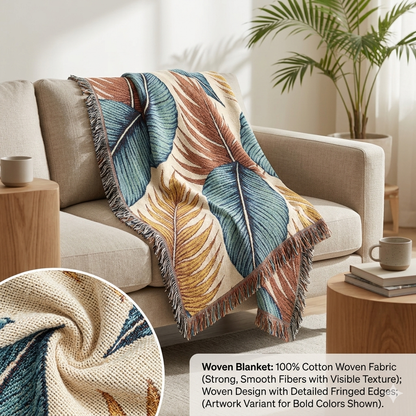Tropical Leaf Woven Blanket — Boho Coastal Throw for Living Room & Patio