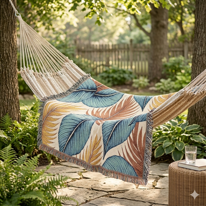 Tropical Leaf Woven Blanket — Boho Coastal Throw for Living Room & Patio