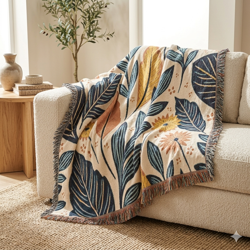 Botanical Leaves Woven Blanket — Reversible Floral Throw for Living Room & Bedroom