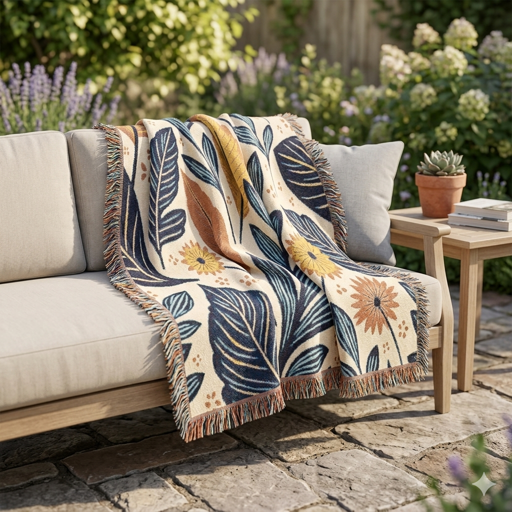 Botanical Leaves Woven Blanket — Reversible Floral Throw for Living Room & Bedroom