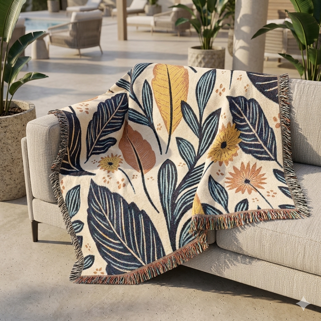 Botanical Leaves Woven Blanket — Reversible Floral Throw for Living Room & Bedroom