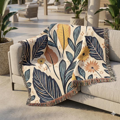 Botanical Leaves Woven Blanket — Reversible Floral Throw for Living Room & Bedroom
