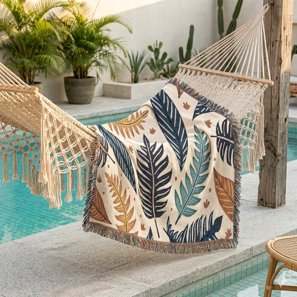 Tropical Leaf Woven Blanket — Boho Botanical Throw for Living Room, Bed, or Outdoor Picnics