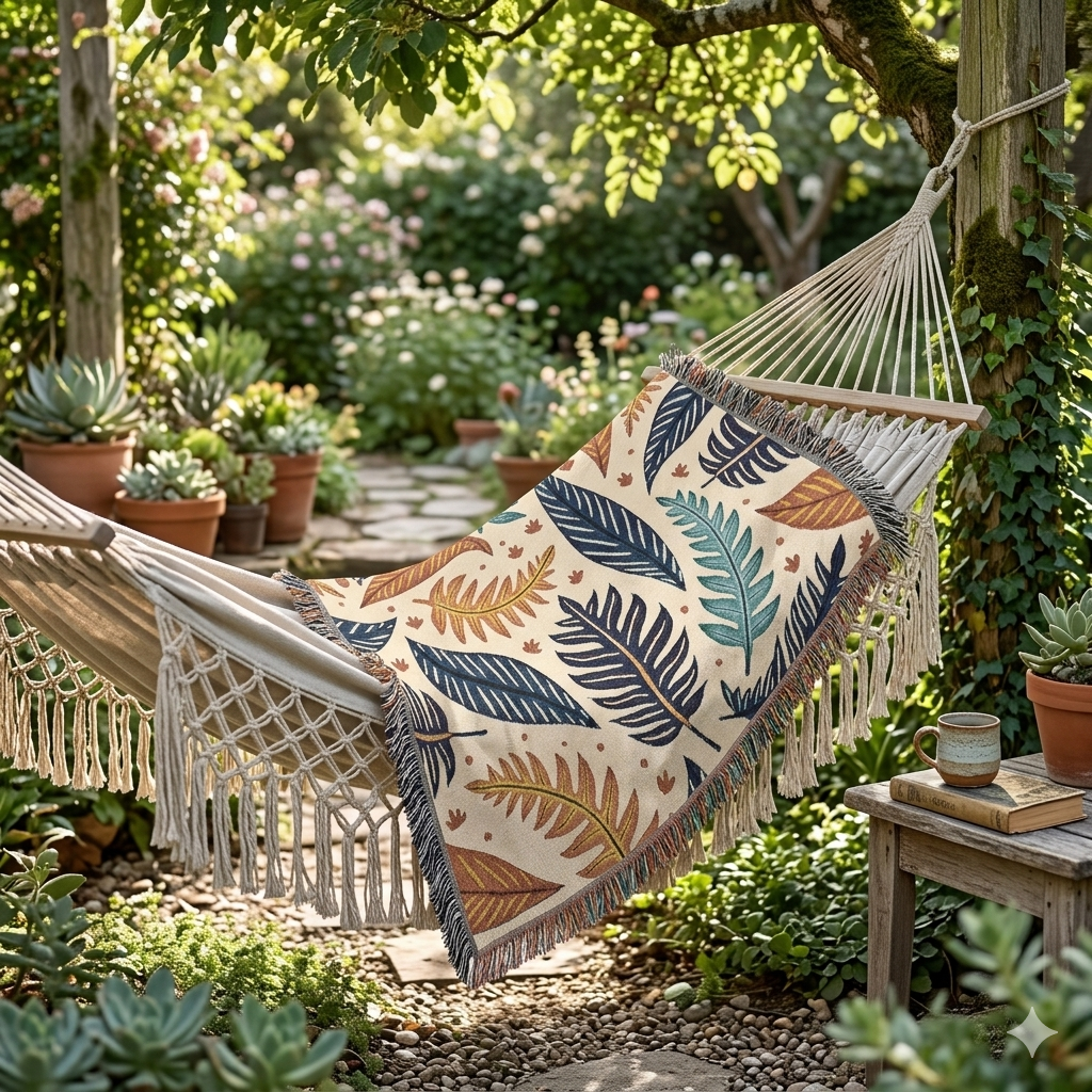 Tropical Leaf Woven Blanket — Boho Botanical Throw for Living Room, Bed, or Outdoor Picnics