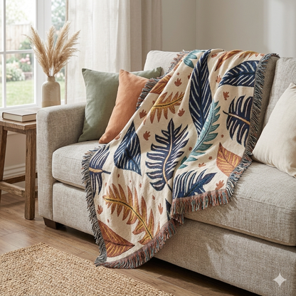 Tropical Leaf Woven Blanket — Boho Botanical Throw for Living Room, Bed, or Outdoor Picnics