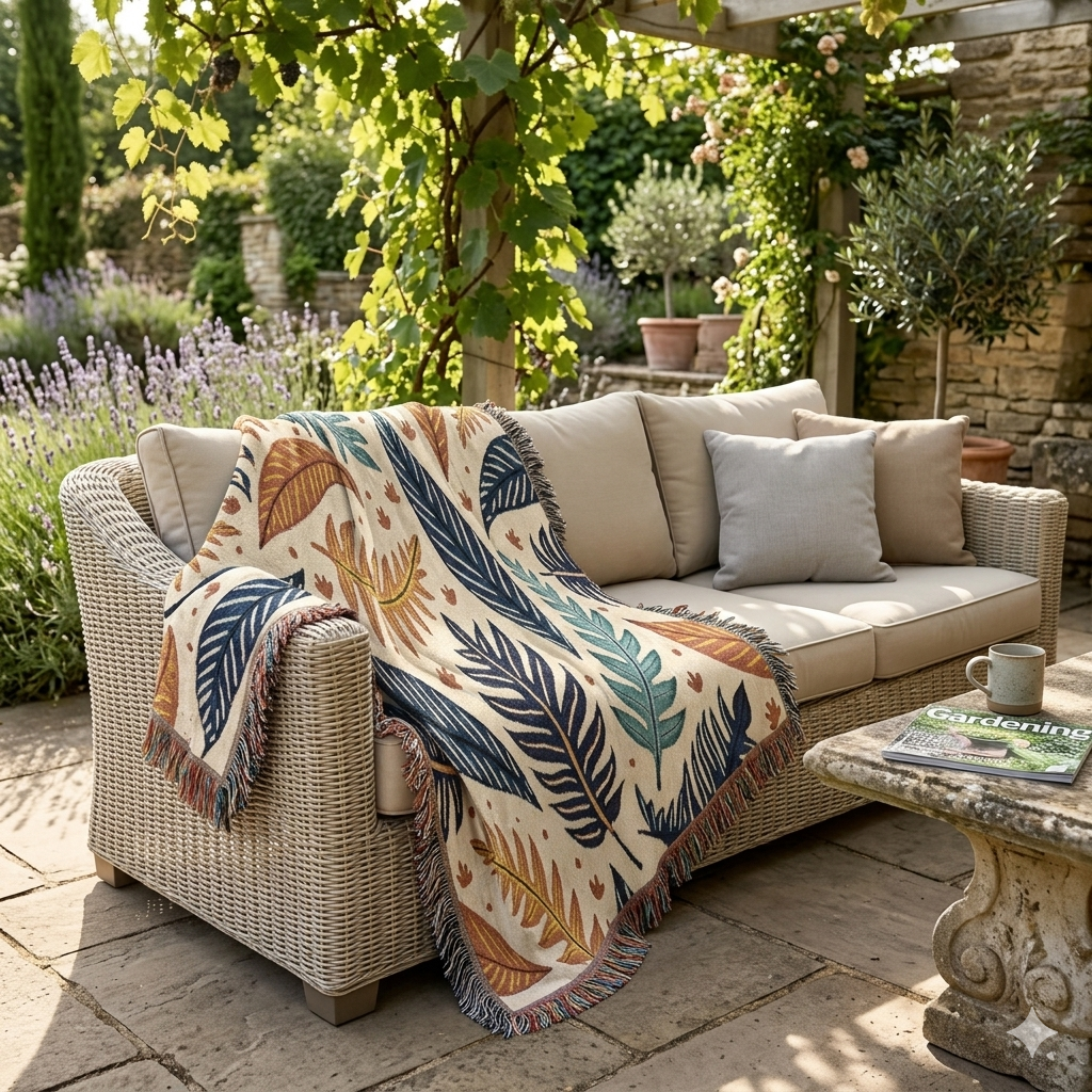 Tropical Leaf Woven Blanket — Boho Botanical Throw for Living Room, Bed, or Outdoor Picnics