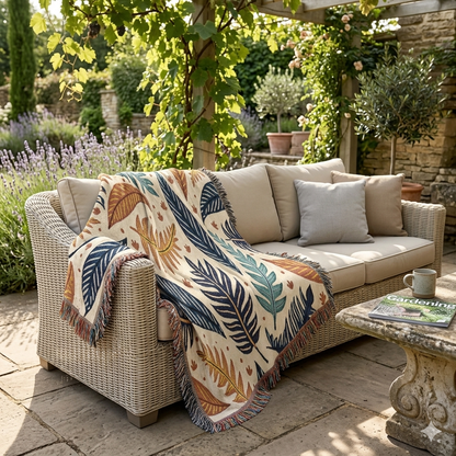 Tropical Leaf Woven Blanket — Boho Botanical Throw for Living Room, Bed, or Outdoor Picnics
