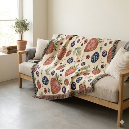 Strawberry Patch Woven Blanket — Fruit Pattern Throw for Kitchen, Picnic & Cozy Home Decor
