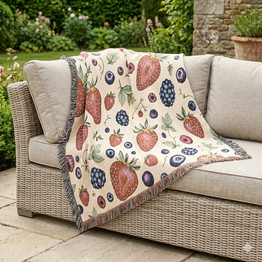 Strawberry Patch Woven Blanket — Fruit Pattern Throw for Kitchen, Picnic & Cozy Home Decor