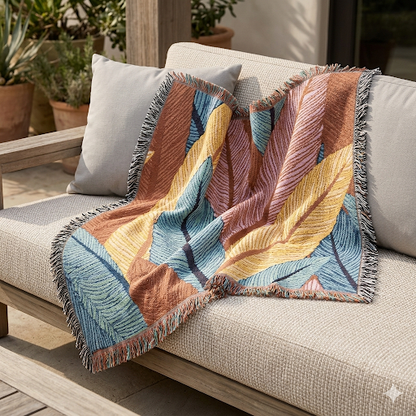 Tropical Leaf Woven Blanket — Boho Throw for Living Room, Bedroom & Patio
