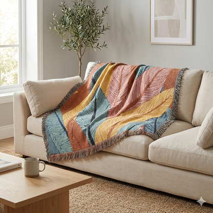 Tropical Leaf Woven Blanket — Boho Throw for Living Room, Bedroom & Patio