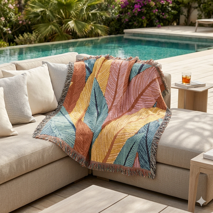 Tropical Leaf Woven Blanket — Boho Throw for Living Room, Bedroom & Patio