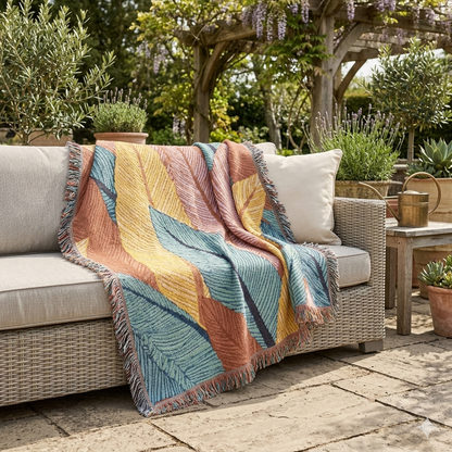 Tropical Leaf Woven Blanket — Boho Throw for Living Room, Bedroom & Patio