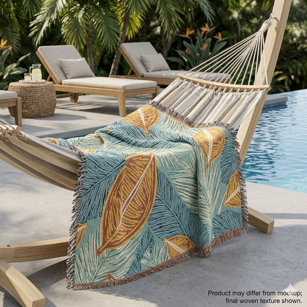 Tropical Leaf Woven Blanket — Cozy Decorative Throw for Living Room & Patio