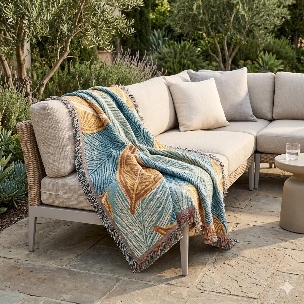 Tropical Leaf Woven Blanket — Cozy Decorative Throw for Living Room & Patio