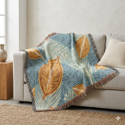 Tropical Leaf Woven Blanket — Cozy Decorative Throw for Living Room & Patio