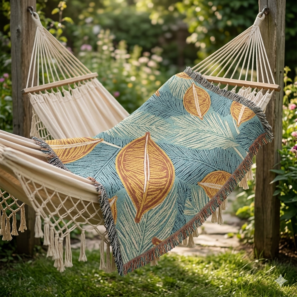 Tropical Leaf Woven Blanket — Cozy Decorative Throw for Living Room & Patio