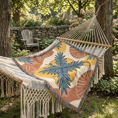 Tropical Palm Woven Blanket — Boho Beach-Print Throw for Living Room & Patio