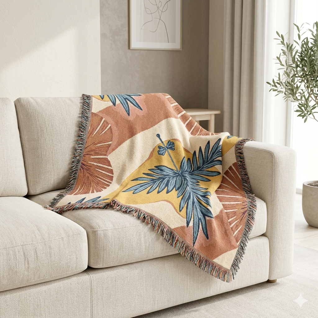Tropical Palm Woven Blanket — Boho Beach-Print Throw for Living Room & Patio