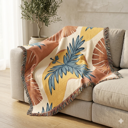 Tropical Palm Woven Blanket — Boho Beach-Print Throw for Living Room & Patio