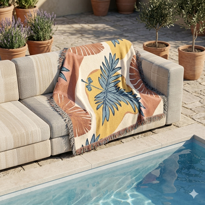 Tropical Palm Woven Blanket — Boho Beach-Print Throw for Living Room & Patio