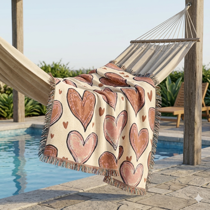 Woven Throw Blanket — Hand-Drawn Heart Pattern, Cozy Valentine’s Decor