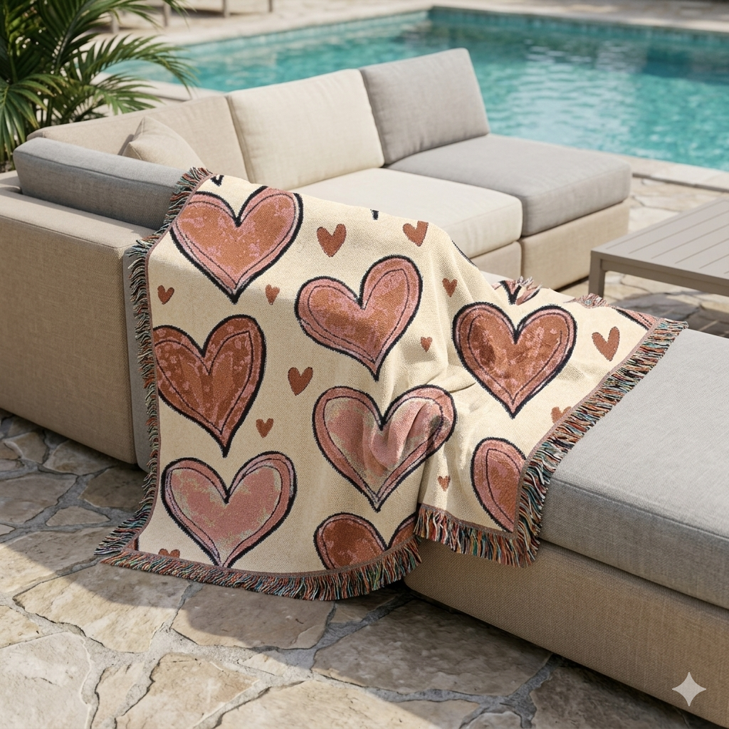 Woven Throw Blanket — Hand-Drawn Heart Pattern, Cozy Valentine’s Decor