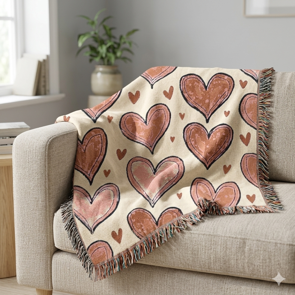Woven Throw Blanket — Hand-Drawn Heart Pattern, Cozy Valentine’s Decor