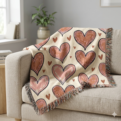 Woven Throw Blanket — Hand-Drawn Heart Pattern, Cozy Valentine’s Decor