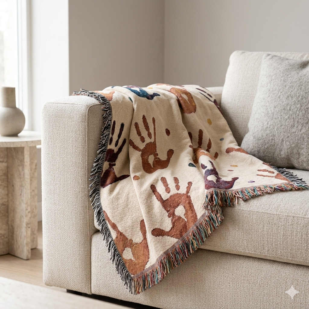 Handprint Woven Blanket — Cozy Decorative Throw with Playful Handprint Pattern
